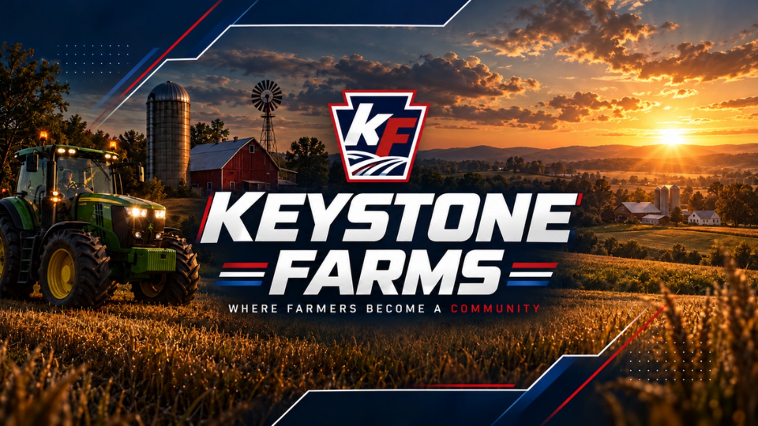 Keystone Farms — KF keystone emblem, tractor, and farm at sunset. Where farmers become a community.
