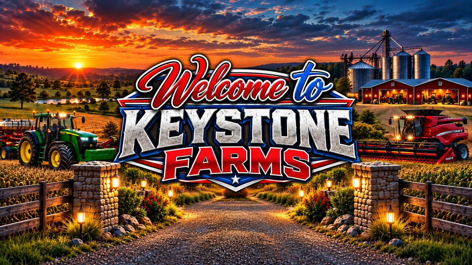 Welcome to Keystone Farms — red, white, and blue brand artwork with a tractor, combine, and farm at sunset